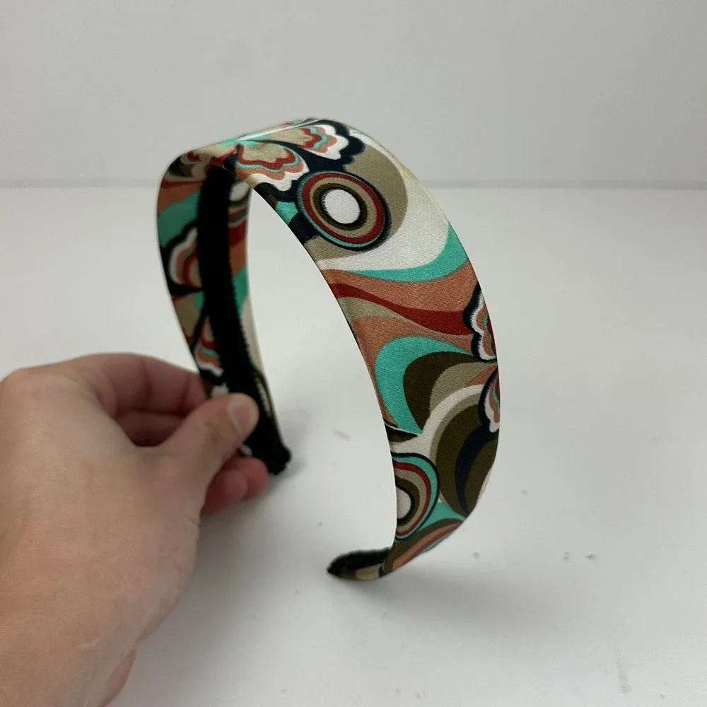 Retro Psychedelic Floral Satin Headband Mod 60s Style Multi Color Hair Accessory